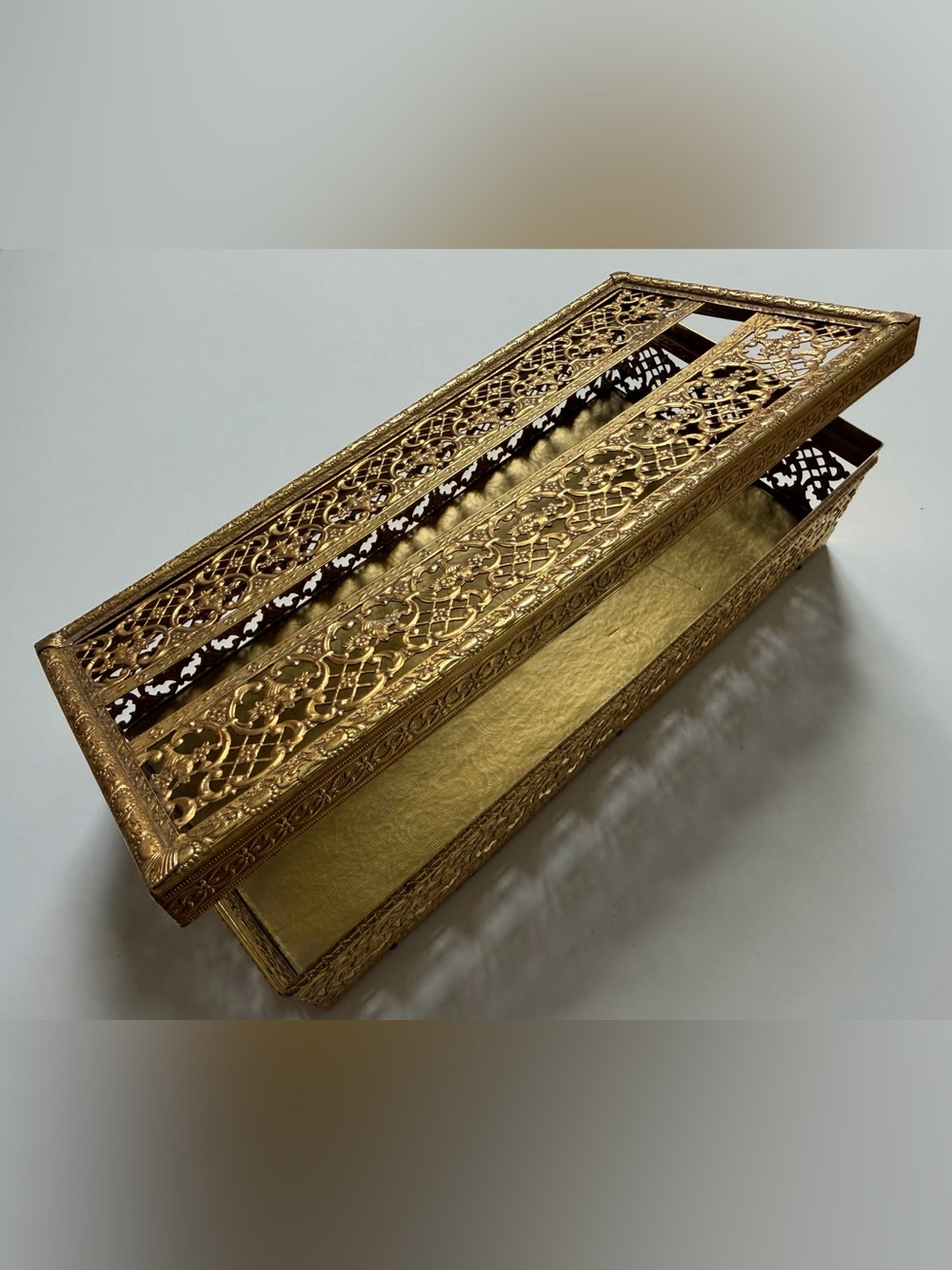 Vintage Gold Filigree Tissue Box Cover Rectangle Hollywood Regency 10.5” X 5”